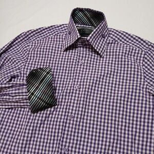COOGI Classic Cotton Blend Purple Gingham Check L/S Flip Cuff‎ Sz Small 15-32/33